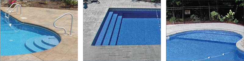 Vinyl Over Inside Pool Stairs, Wedding Cake Stairs, Full End Stairs and Radius Inside Stairs